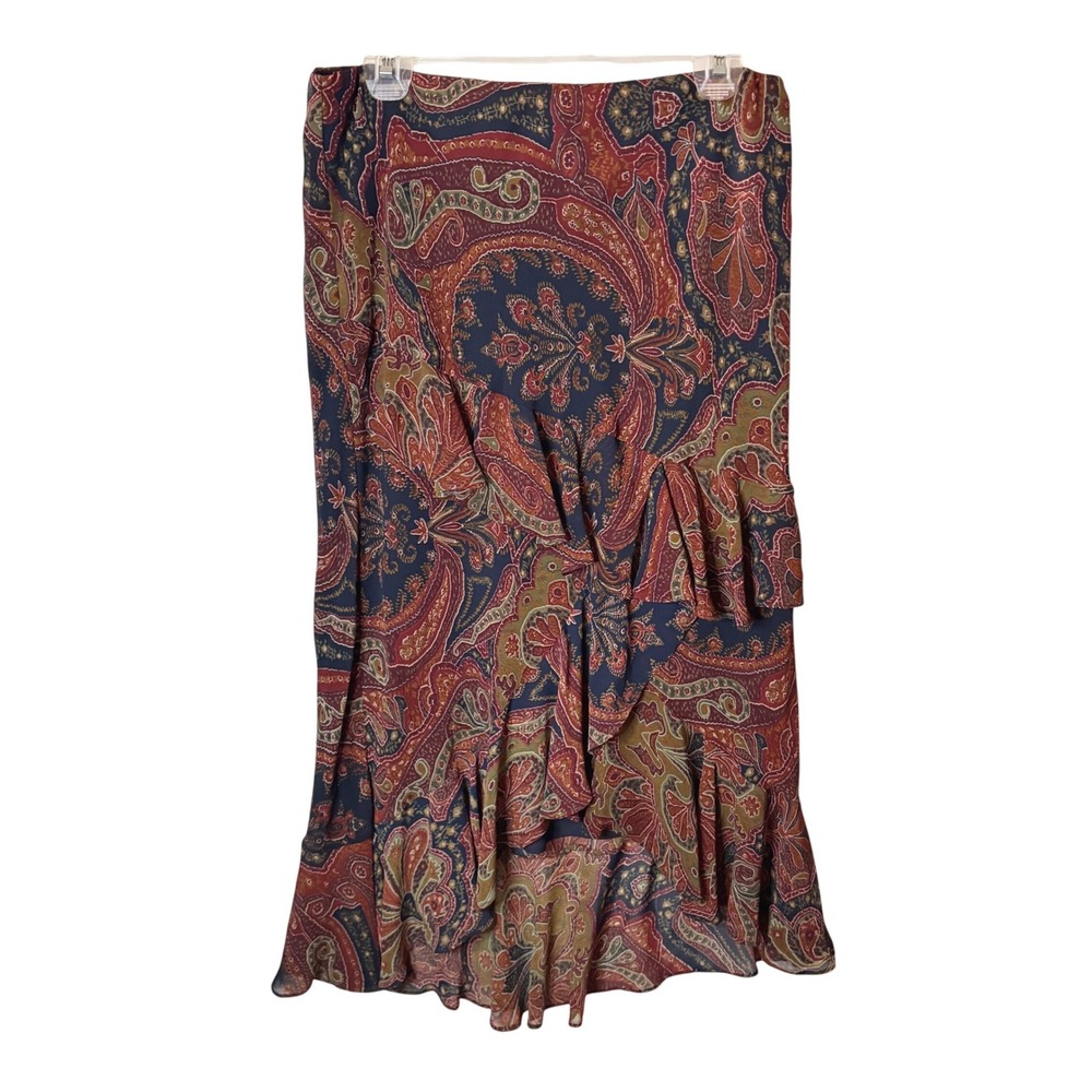 Chaps Asymmetric Ruffle Midi Skirt Womens M Paisley Bohemian Peasant Romantic